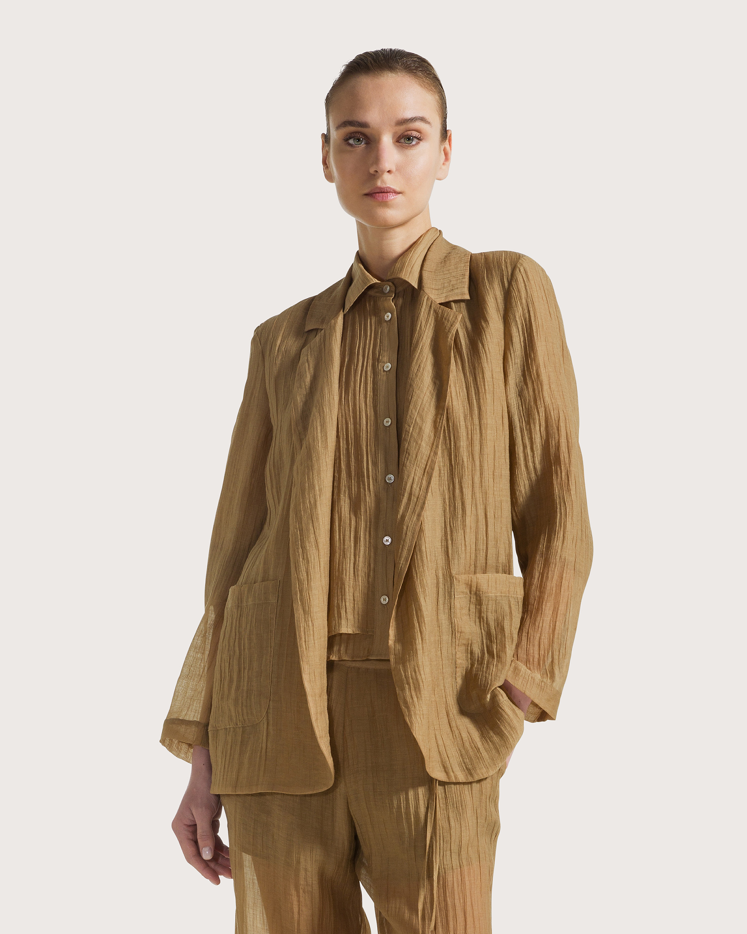 Sako kaki voile unito fiammato stropicciato penamente