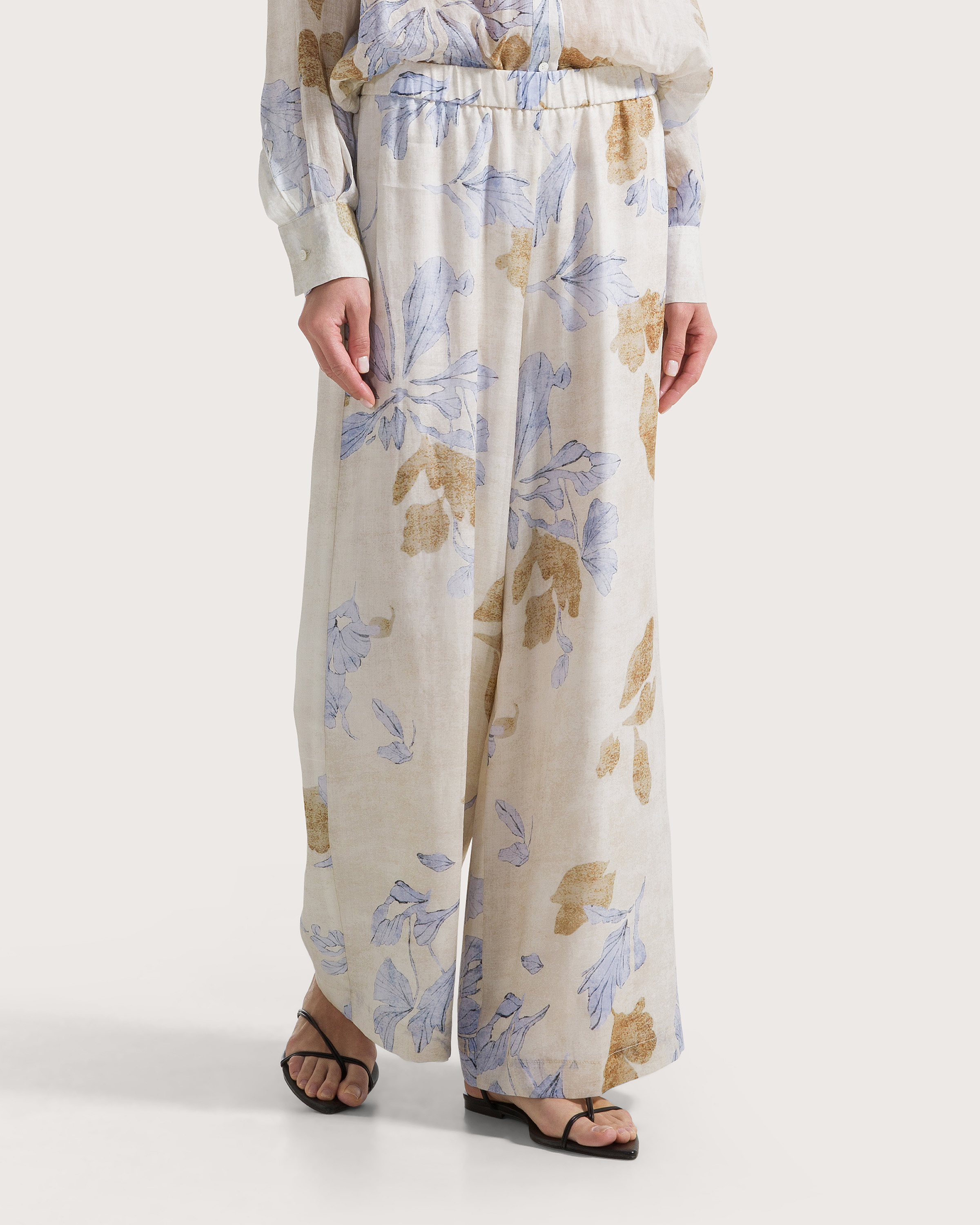 Nohavice beige voile ramiest fiore ecoprint