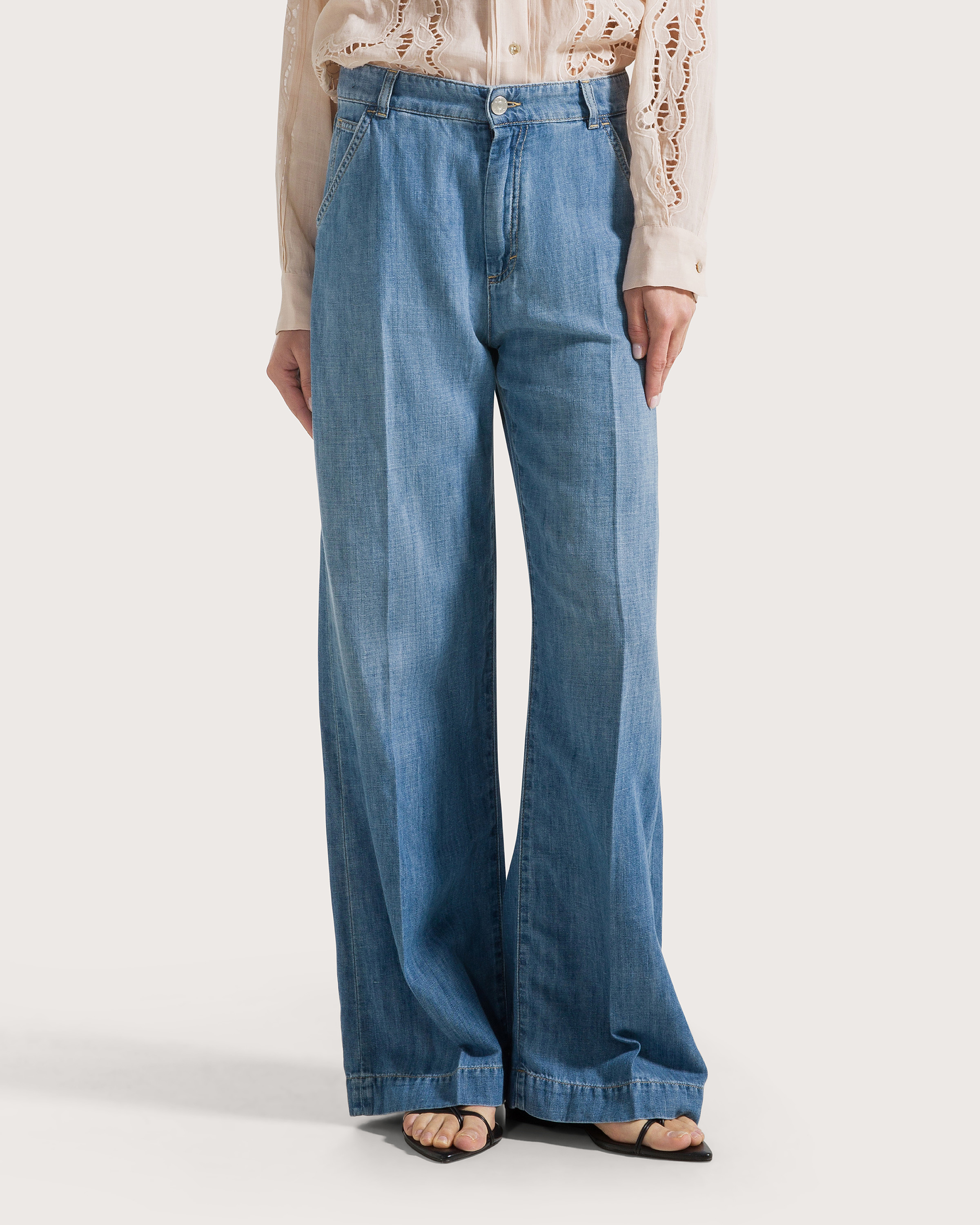 Nohavice denim indaco denim leggero misto lino