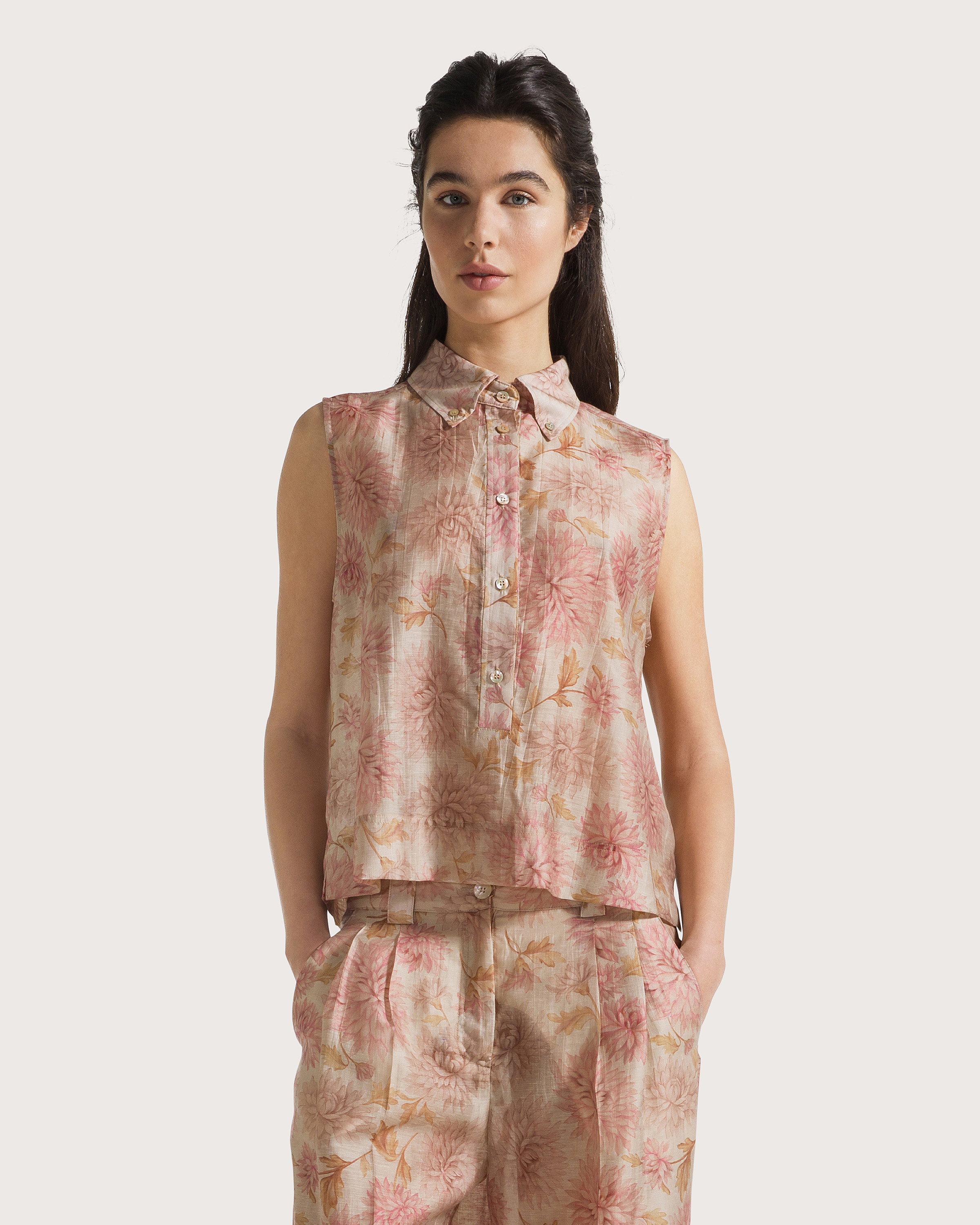 Top cipria organza fiammata crinkle floreale