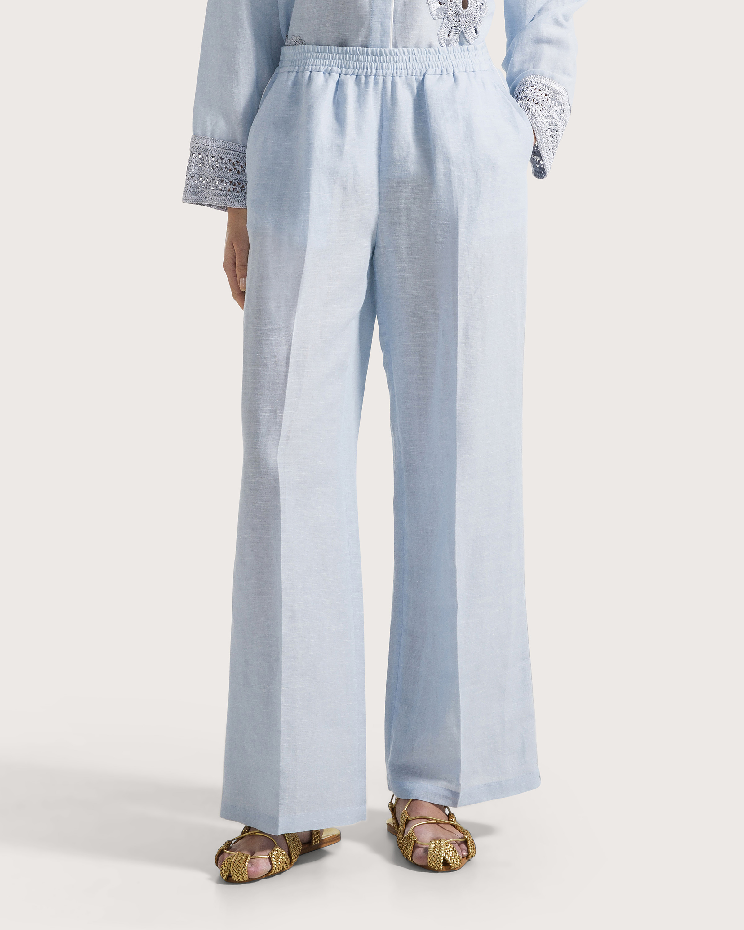 Nohavice celeste lino cotone tinto filo intarsi uncinetto