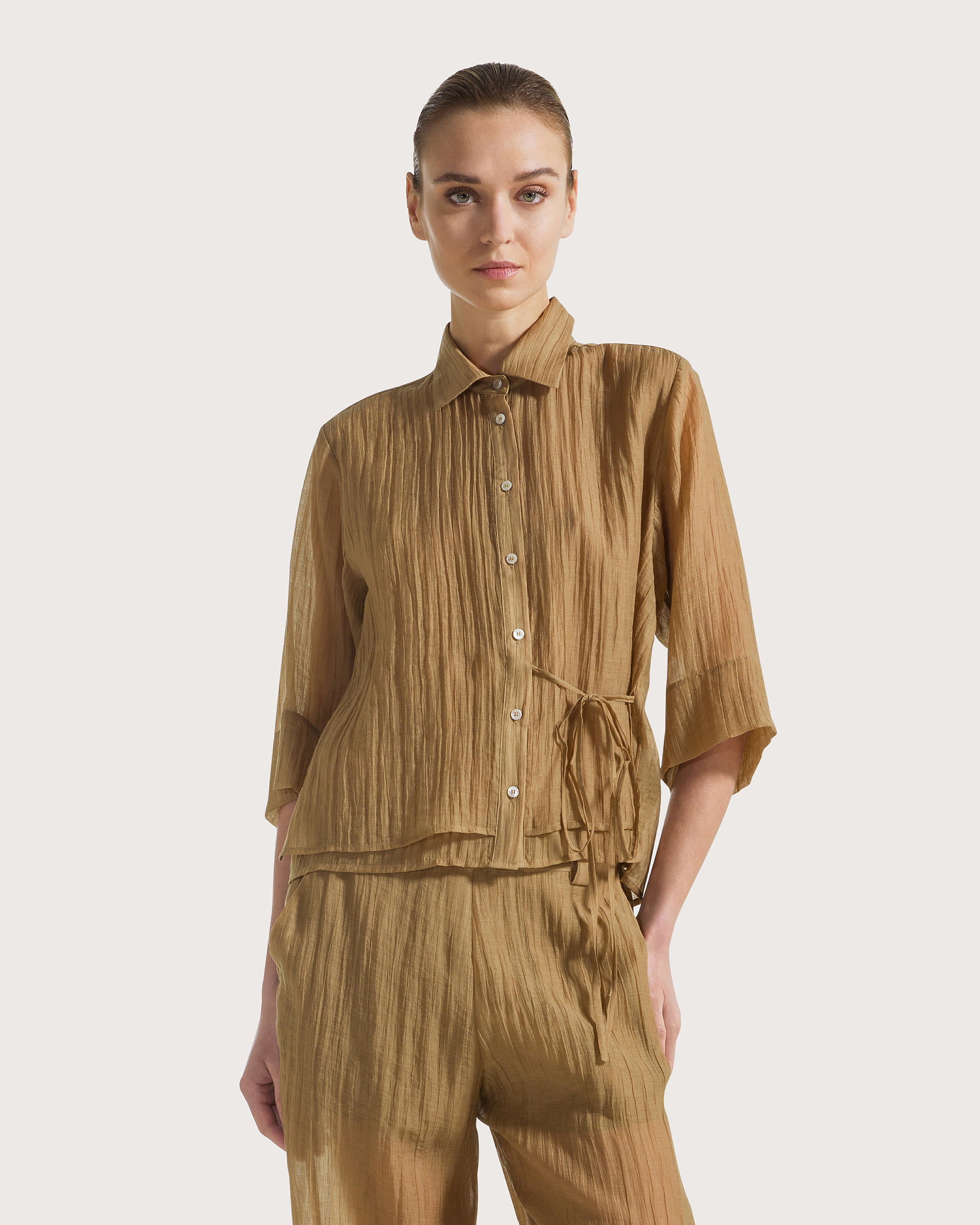 Blúza kaki voile unito fiammato stropicciato pernamente