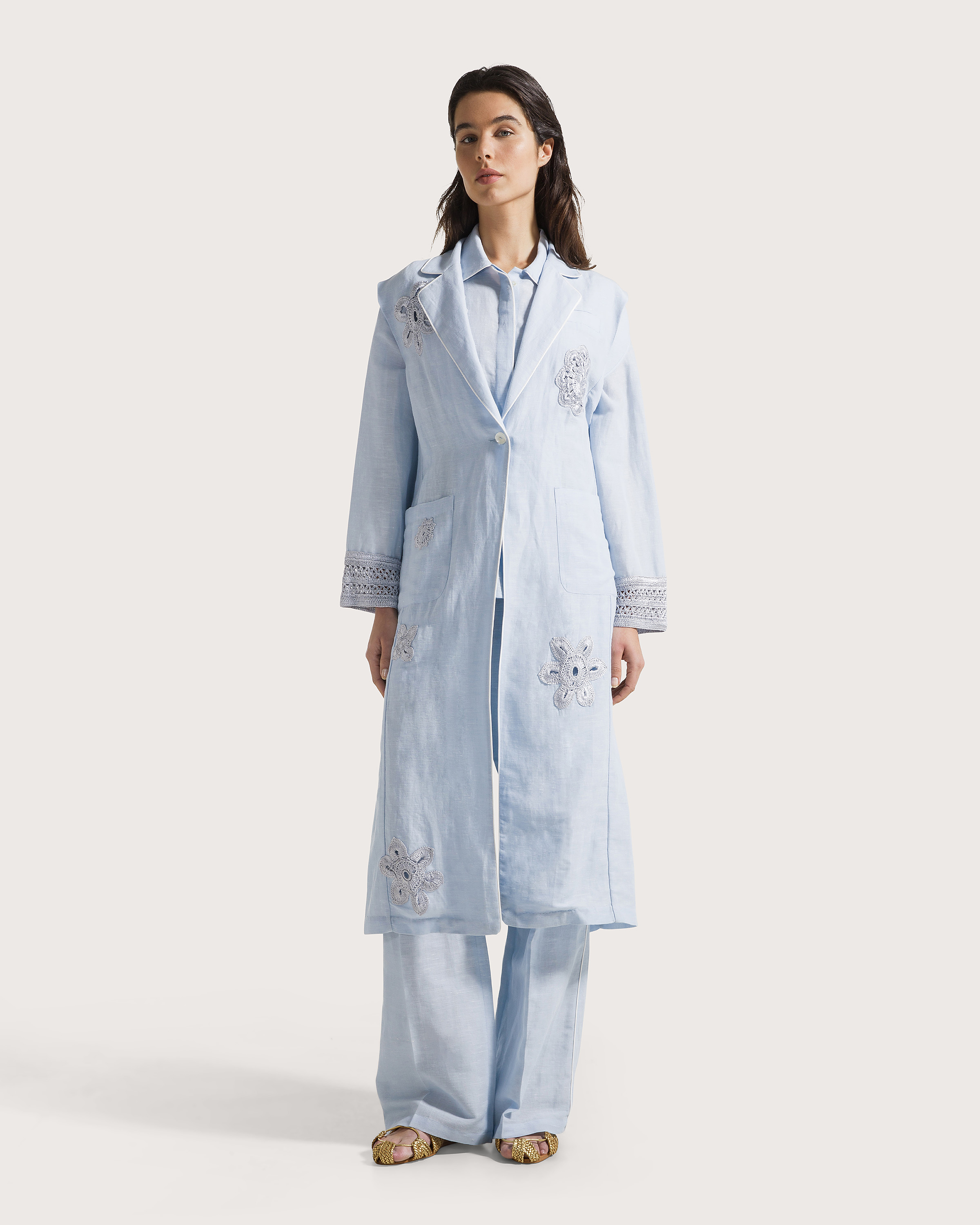 Vesta celeste lino cotone tinto filo intarsi uncinetto