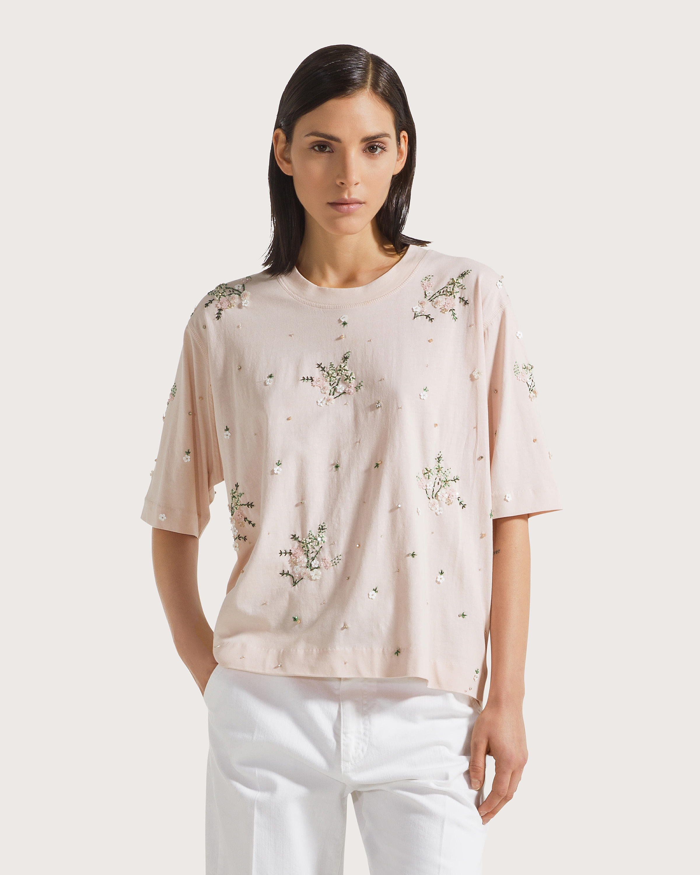 Top cipria jersey ricamato