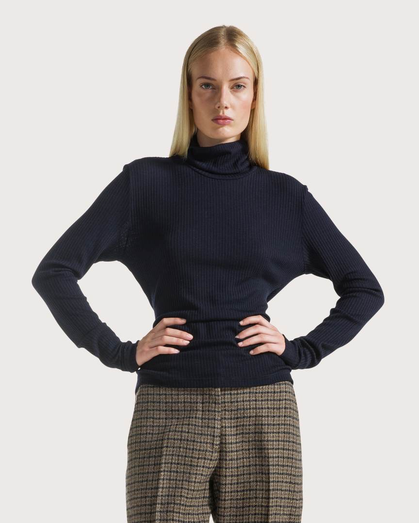 Top blu costina pura lana
